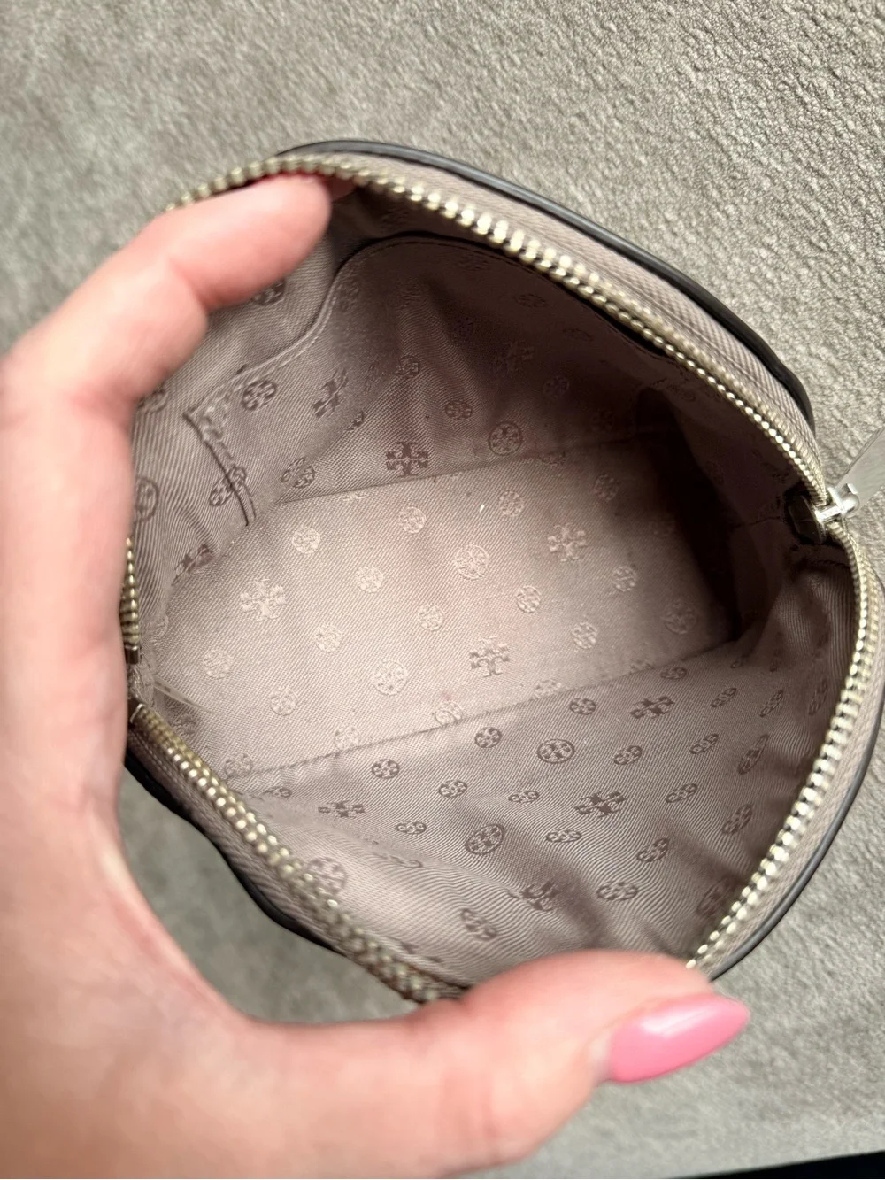 Tory Burch Gray Saffiano Leather Dome Cosmetic Pouch